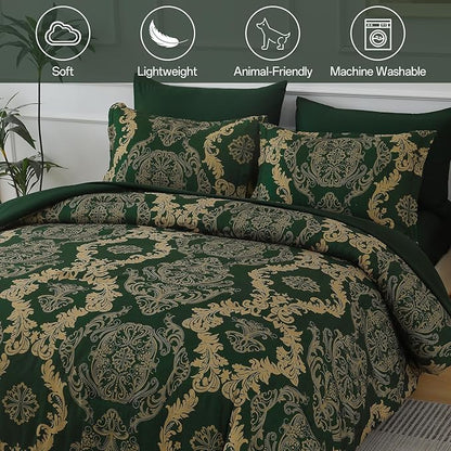 WONGS BEDDING Green Damask Queen Size Comforter Set, 7 Piece Texture Microfiber Comforter Bedding Set for All Season, Bed in a Bag with Comforter, Flat Sheet, Fitted Sheet, Pillowcases & Shams