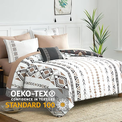 Geniospin Queen Comforter Set - 7 Pieces Reversible Bedding Set, Western Bed in A Bag, Lightweight Soft Aztec Bedding, All Season Bed Comforter Set with Sheets, Pillowcases & Shams