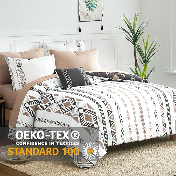 Geniospin Full Comforter Set - 7 Pieces Bed in a Bag, Comfortable Western Bedding Sets for All Seasons, Lightweight Soft Boho Comforter Bed Set with Sheets, Pillowcases & Shams