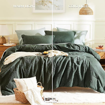 Geniospin Queen Comforter Set - 7 Pieces Dark Green Bedding Set, Botanical Textured Comforter Bed Set, All Season Lightweight Bed in a Bag with Comforter, Sheets, Pillowcases & Shams