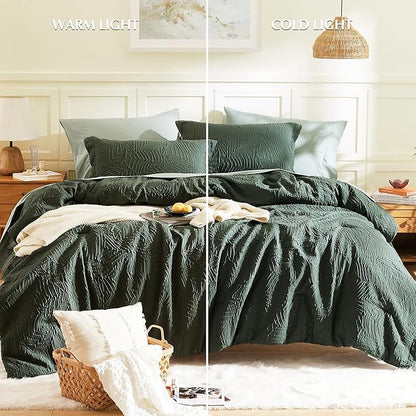 Geniospin Full Size Comforter Set - 7 Pieces Dark Green Bedding Set, Botanical Textured Comforter Bed Set, All Season Lightweight Bed in a Bag with Comforter, Sheets, Pillowcases & Shams