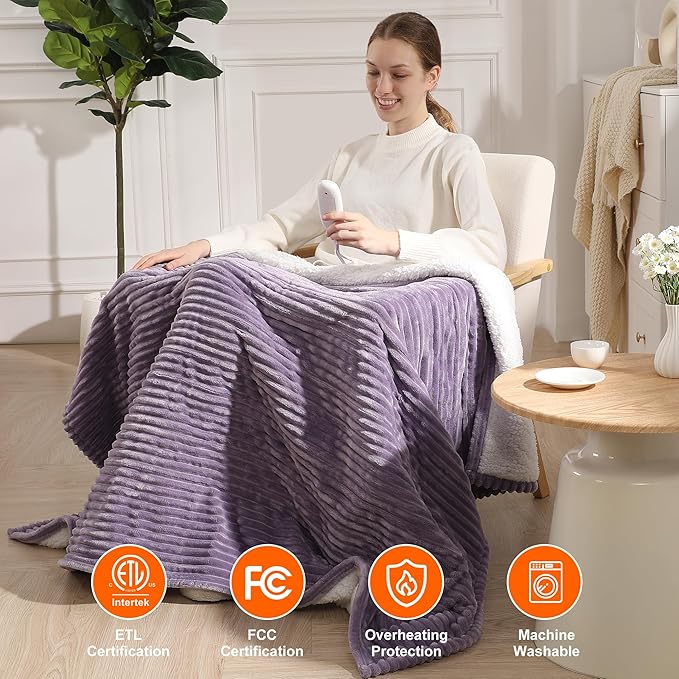 Electric Blanket Queen Heated Blanket Queen Size 84"x90" Dual Control Electric Blanket, 5 Heat Settings & 10 Hour Auto Off with FCC/ETL Certified, Overheat Protection & Machine Washable, Lavender