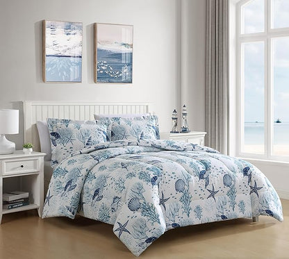 Caribbean Joe Full/Queen 3-Piece Comforter Set, Tropical Coastal Beach Design Bedding, Nautical Turtles