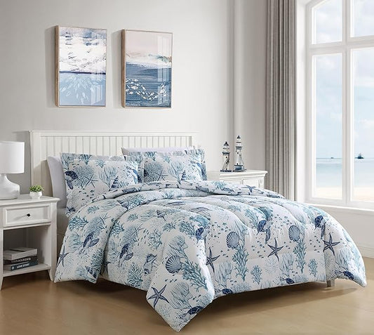 Caribbean Joe Full/Queen 3-Piece Comforter Set, Tropical Coastal Beach Design Bedding, Nautical Turtles