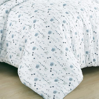 Chezmoi Collection Fran 3-Piece Boho Floral Comforter Set, Full - Blue White Poppy Flower Watercolor Printed Microfiber Lightweight Bedding Set