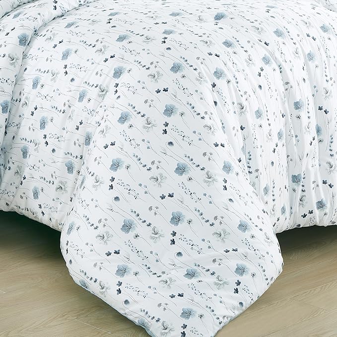 Chezmoi Collection Fran 3-Piece Boho Floral Comforter Set, King - Blue White Poppy Flower Watercolor Printed Microfiber Lightweight Bedding Set