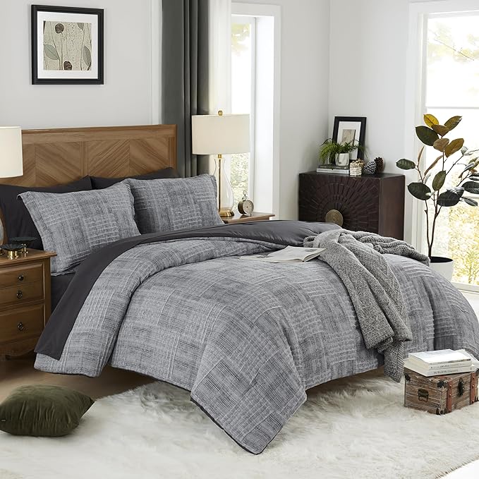MaiRêve Charcoal Grey Queen Comforter Set, Textured Design Grey Crinkle Bed in A Bag Queen Size, Queen Comforter Set with 7 Pieces with Comforter, Sheets, Pillowcases & Shams 90"x 90"