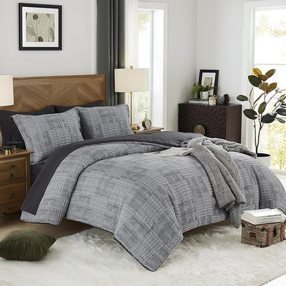 MaiRêve Charcoal Grey Full Comforter Set, Textured Design Grey Crinkle Bed in A Bag Full Size, Full Comforter Set with 7 Pieces with Comforter, Sheets, Pillowcases & Shams 80"x 90"