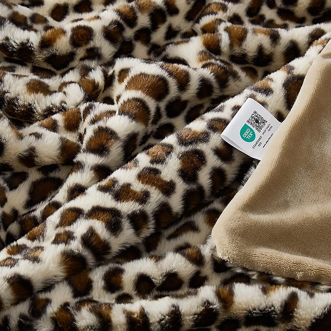 JONIYEAR Cozy Plush Brown Cheetah Faux Rabbit Fur Blanket Twin Size 60" x 70",Oversized Thick Fuzzy Leopard Lap Blankets for Women, Soft Fluffy Animal Printed Warm Shaggy Blanket for Winter, Beige