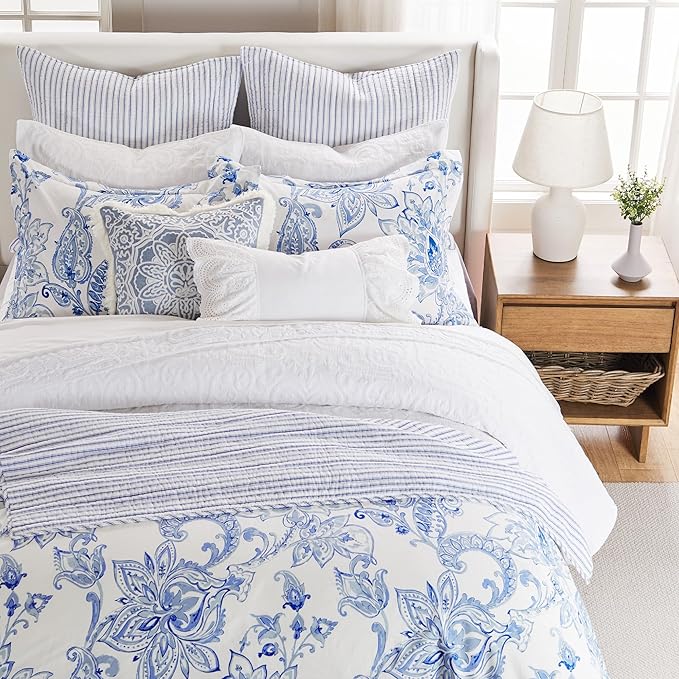 Levtex Home - Benette Comforter Set - Twin Comforter + One Standard Pillow Cases - Floral Paisley - Blue and White - Comforter (68 x 88in.) and Pillow Case (26 x 20in.) - Cotton