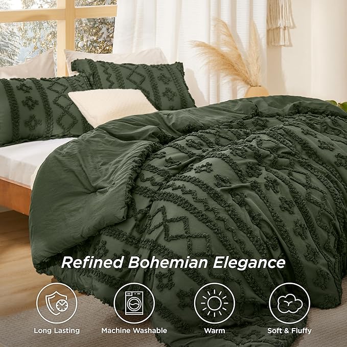 Bedsure Tufted Boho Comforter Set California King - Olive Green Boho Bed Set, GentleSoft™ 3 Pieces Farmhouse Shabby Chic Embroidery Bedding, Gifts for Woman, Soft Jacquard Comforter for All Seasons