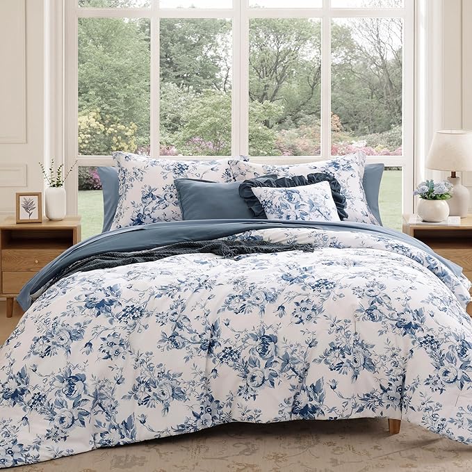 Oversized Queen Comforter Set -7 Pieces Floral Rain Washed Bedding Set for All Seasons, Bed in a Bag with Botanical Flowers Comforter, Sheets, Pillowcases & Shams