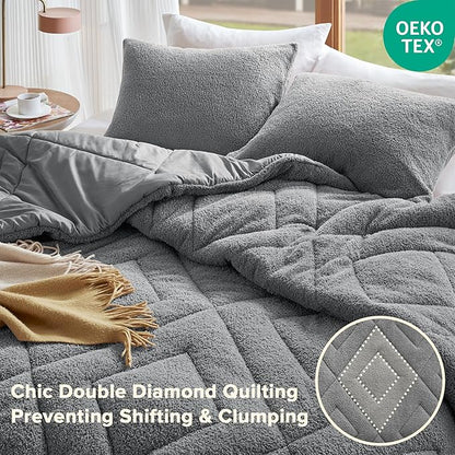 Comfort Spaces Queen Comforter Set Reversible Feather-Soft Plush Comforters for Queen Size Bed All Season Lightweight Shearling Fleece Sherpa Comforter Queen Size Bed Set, Full/Queen, Grey 3 Piece