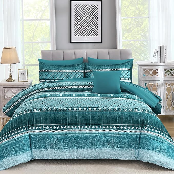 WONGS BEDDING 8 Piece King Size Comforter Set, Teal Texture Striped Bed in a Bag Comforter and Sheet Set, Boho Lightweight Microfiber Bedding Set for All Season (90"×104")