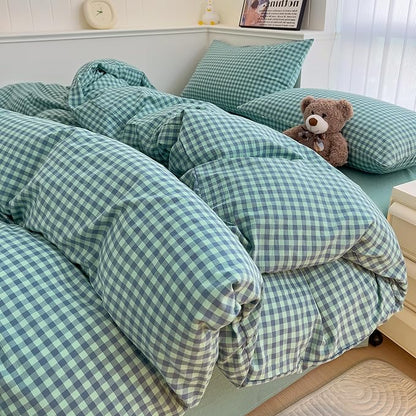 mixinni Dark Green Gingham Comforter Set Twin XL, Plaid Comforter Set 3 Pieces 1 Teal Grid Comfoter with 2 Pillow Cases for All Seasons, Soft Fluffy Modern Grid Pattern Printed Bedding-Twin XL Size