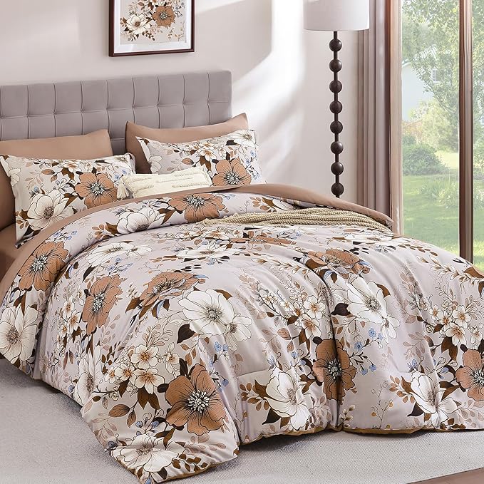 Xruibed Brown Floral Comforter Set King Size 7 Pieces Bed in a Bag Flower Comforter Set with Sheet, Pillowcases, Pillowshams, Soft Microfiber Bedding Set for All Season (King 104''x90'')