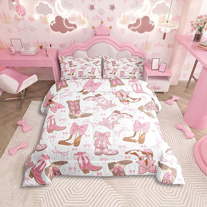 Feelyou Pink Western Bedding Set Cowgirl Cowboy Boots Comforter Set for Kids Boys Girls Teens Room Decor Cute Bowknot Dreamy Princess Style Comforter King Size Girly Duvet Set 3Pcs