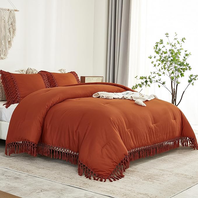 Andency Comforter Full Size Set Burnt Orange, Boho Terracotta Lightweight Vintage Soft Bedding Comforter Sets, 3 Pieces Rust Bed Set (79x90In Comforter & 2 Pillowcases)