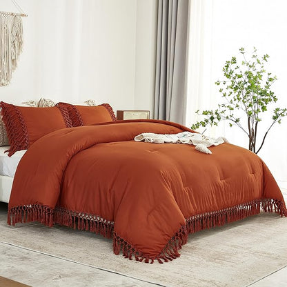 Andency Queen Comforter Set Burnt Orange, 3 Pieces Boho Terracotta Lightweight Fall Bedding Comforter Sets, Tassel Rust Bed Set (90x90In Comforter & 2 Pillowcases)