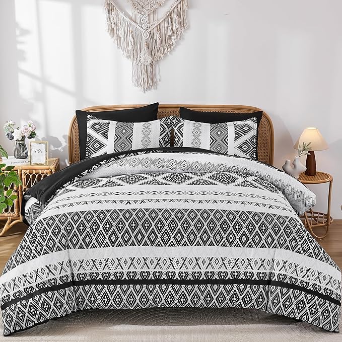 Luxudecor Black Comforter Set King Size 7 Pieces,Boho Aztec Comforter with Sheet Set,Geometric Striped Pattern Bed in a Bag,Soft Microfiber Bed Set 104"x90"