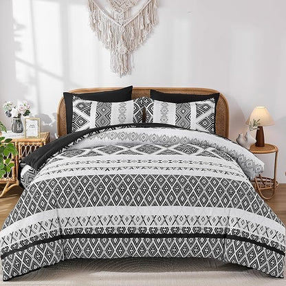 Luxudecor Black Comforter Set King Size 7 Pieces,Boho Aztec Comforter with Sheet Set,Geometric Striped Pattern Bed in a Bag,Soft Microfiber Bed Set 104"x90"