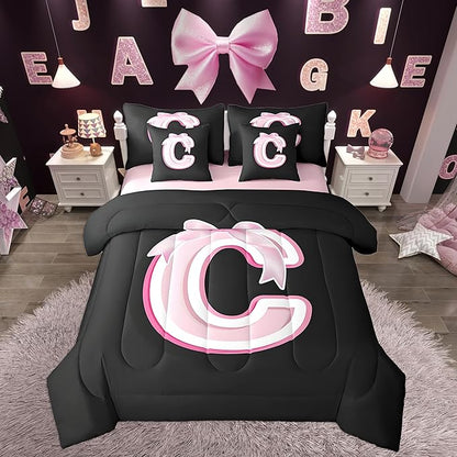 jejeloiu Kids Girls Black Pink Bow Comforter Set with Sheets Queen Size Monogrammed 7 Piece Bedding Set Personalized Initial C Bed in a Bag with Comforter,Sheets,Pillowcases Modern Fashion Bed Set