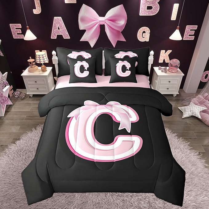 jejeloiu Kids Girls Black Pink Bow Comforter Set with Sheets Full Size Monogrammed 7 Piece Bedding Set Personalized Initial C Bed in a Bag with Comforter,Sheets,Pillowcases Modern Fashion Bed Set