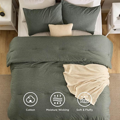 Bedsure 5 PCS Cotton Comforter Set with Waffle Throw Blanket - Breathable Bedding Set for All Seasons, Olive Green Comforter Full Size, Pillow Shams, Beige 100% Cotton Blanket, Throw Pillow