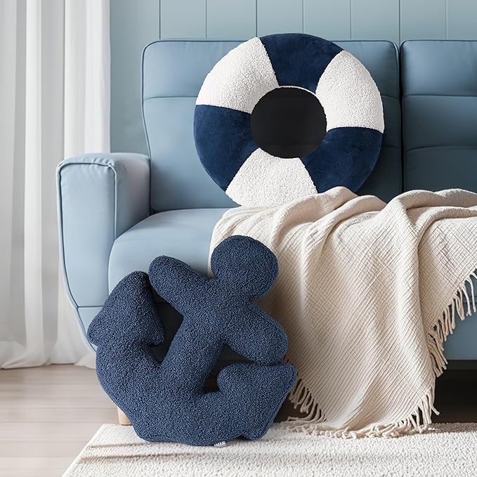 AELS 3D Anchor & Lifebuoy Nautical Throw Pillows, 19.6"& 15.7" Set of 2, Coastal Decor for Beach Enthusiasts Beach House, Ideal for Sofa Couch Living Room Bedroom and Nursery, Navy Blue and White