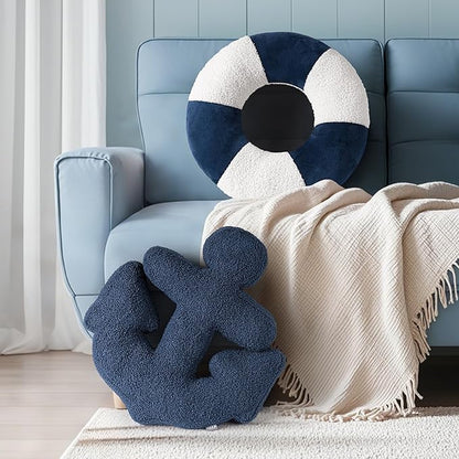 AELS 3D Anchor & Lifebuoy Nautical Throw Pillows, 19.6"& 15.7" Set of 2, Coastal Decor for Beach Enthusiasts Beach House, Ideal for Sofa Couch Living Room Bedroom and Nursery, Navy Blue and White