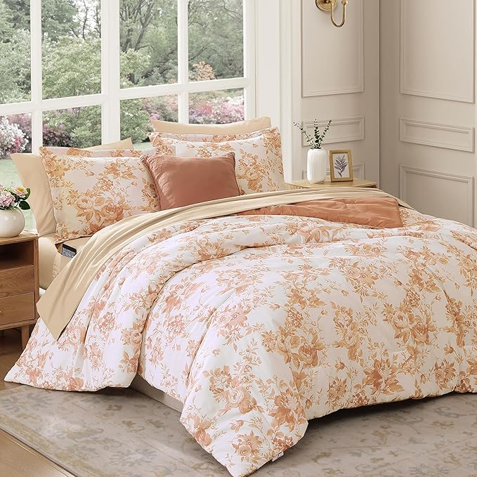 King Comforter Set -7 Pieces Autumn Leaf Floral Comforter Set for All Seasons, Bed in a Bag King with Botanical Flowers Comforter, Sheets, Pillowcases & Shams