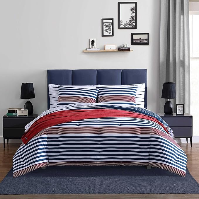 Nautica - Full/Queen Comforter Set, Ultra Soft Bedding with a Woven Textured Feel, Medium Weight for Year Round Comfort, 3 Piece Bed Set with Matching Pillowcases (Kennedy Stripe Navy)