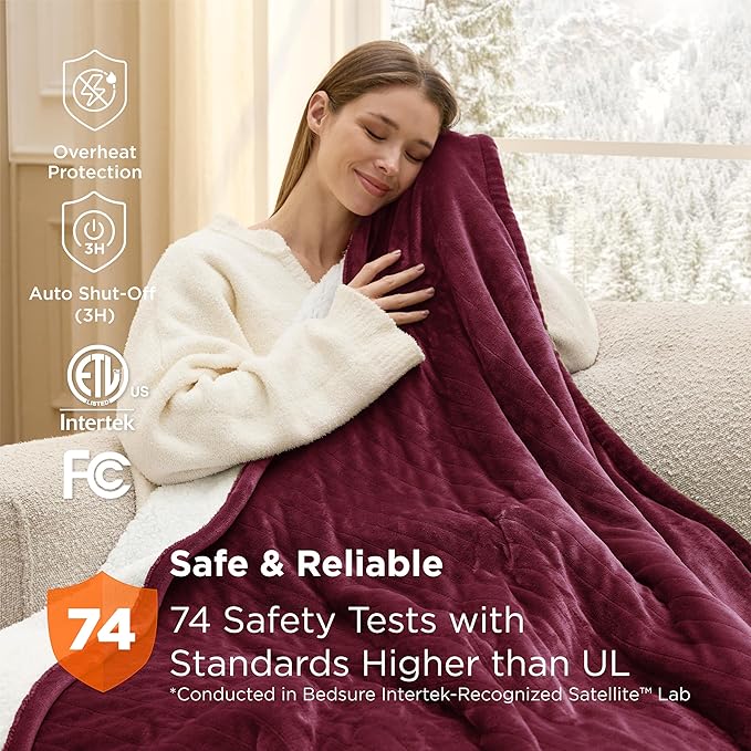 Bedsure Heated Blanket Throw Blanket - Fast Heating Electric Blanket, Soft Flannel Heated Throw with 4 Time Settings, 6 Heating Settings, for Grandma, Women, Men (50"x60", Red)
