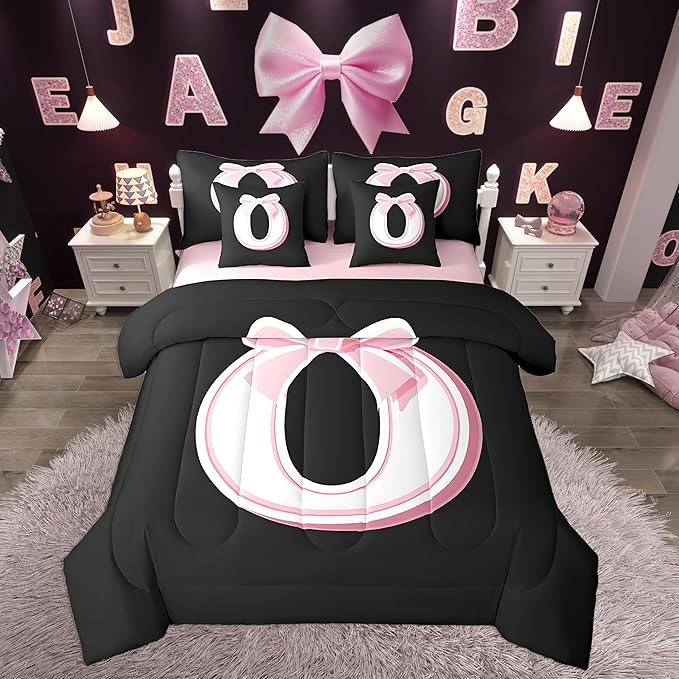 jejeloiu Kawaii Pink Bow Twin Comforter Set with Sheets,Gifts for Women Teen Girl,Monogrammed 7 Piece Bedding Set,Soft Personalized Initial Letter O Bed in a Bag with Comforter,Sheets,Pillowcases