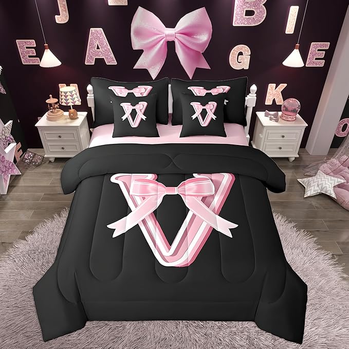 jejeloiu Kawaii Pink Bow King Comforter Set with Sheets,Gifts for Women Teen Girl,Monogrammed 7 Piece Bedding Set,Soft Personalized Initial Letter V Bed in a Bag with Comforter,Sheets,Pillowcases