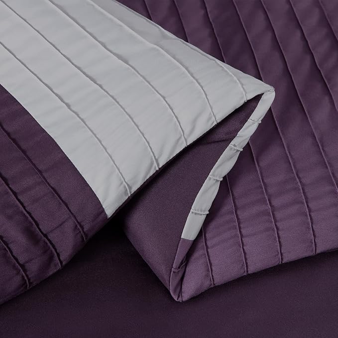 Chezmoi Collection Briar 7-Piece California King Bed in a Bag - All Season Lightweight Microfiber Comforter Set - Includes Sheets & Shams - Purple/Lavender/Gray Pleated Stripe Design