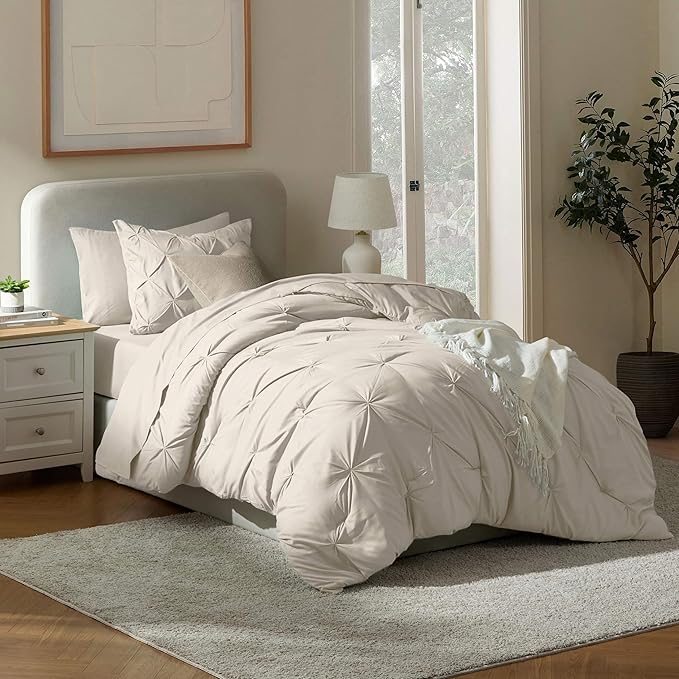 Nestl Twin Comforter Set 5 Piece - Pintuck Twin Bedding Sets Beige, College Dorm Room Essentials for Girls and Boys Bed in a Bag Twin All Season, Twin Comforter Set with Sheets, Pillowcase and Sham