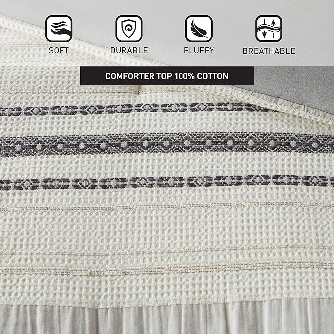 Hyde Lane Neutral Farmhouse Bedding Set, 3 Pieces Full/Queen Size Grey Comforter Sets, Cotton Top with Modern Rustic Style Stripes Including 1 Comforter 2 Pillowcases