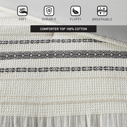 Hyde Lane Neutral Farmhouse Bedding Set, 3 Pieces Full/Queen Size Grey Comforter Sets, Cotton Top with Modern Rustic Style Stripes Including 1 Comforter 2 Pillowcases