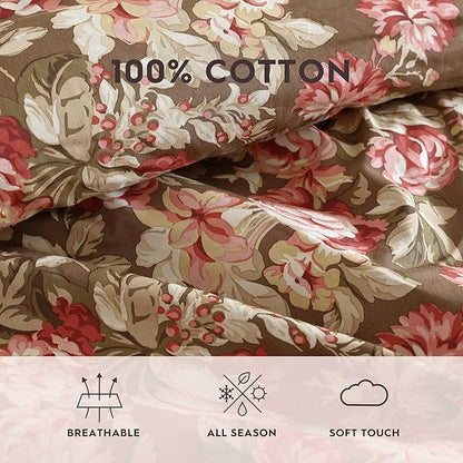 Laura Ashley - Full/Queen Comforter Set, Soft Cotton Bedding with Matching Shams, Floral Home Decor, Oeko-Tex Certified (Bloomsbury Brown, Full/Queen)