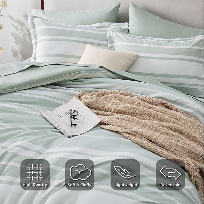 Bedsure Twin Comforter Set 5 Pieces, Sage Green Striped Bedding Set for All Seasons, Reversible, Cationic Dyeing Bed in a Bag with Comforter, Sheets, Pillowcase & Sham