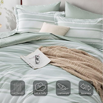 Bedsure Queen Comforter Set 7 Pieces, Sage Green Striped Bedding Set for All Seasons, Reversible, Cationic Dyeing Bed in a Bag with Comforter, Sheets, Pillowcases & Shams