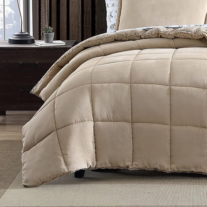 Eddie Bauer - Queen Comforter Set, Microsuede Bedding with Soft Sherpa Reverse, 3 Piece Bed Set with Matching Pillowcases (Sherwood Brown)