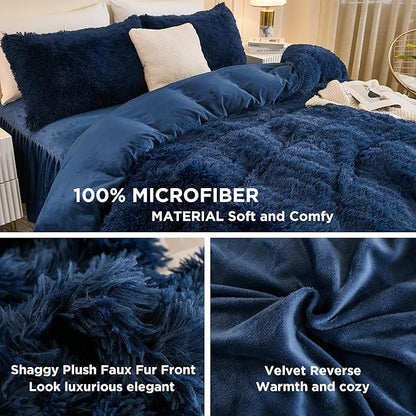 Andency Fluffy Navy Blue Comforter Set King Size, 3 Pieces Winter Faux Fur Warm Soft Fuzzy Plush Bedding Comforter Set (1 Velvet Comforter & 2 Pillowcases), Thick Heavy Comfy Comforters Bedding Set