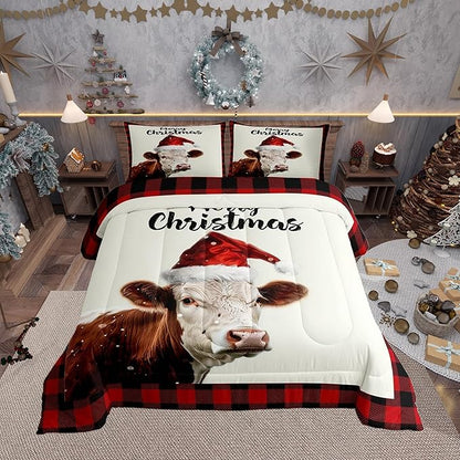 Christmas Farmhouse Twin Size Comforter Set for All Seasons,Xmas Cow Cattle Animal Bedding Set Teens Bedroom Decor,Vintage Cabin Red Plaid Comforter Inner Fill with 1 Pillowcase
