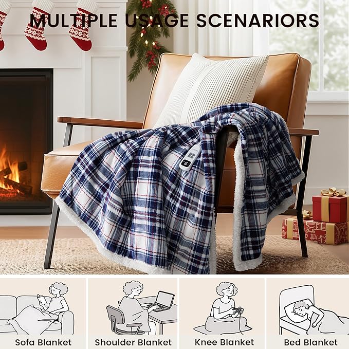Heated Blanket Electric Throw-50''x60''Ultra Soft Cozy Plaid Flannel Fast Heating Electric Blanket with 10 Heat Levels & 10 Hours Auto Off, ETL Certified, Keep Warm in Home Office (Tartan)