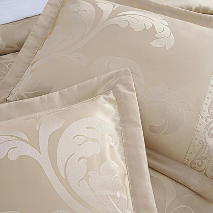 Chezmoi Collection Valor 7-Piece King Bed in a Bag, Champagne Luxury Jacquard Floral Comforter with Sheets Set for All Season