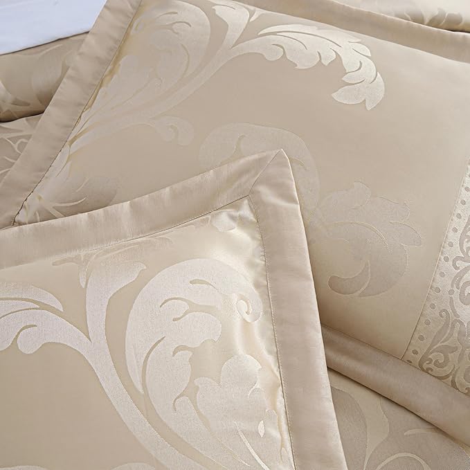 Chezmoi Collection Valor 7-Piece Queen Bed in a Bag, Champagne Luxury Jacquard Floral Comforter with Sheets Set for All Season