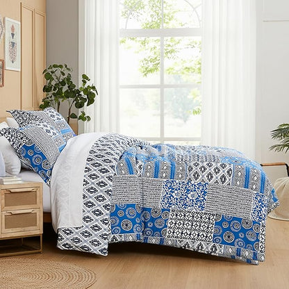 Southshore Fine Living, Inc. Twin Comforter Set with One Pillow Sham, Reversible Bedding Set - Global Patchwork Quilt - Alternative Down Comforter for Twin/XL Mattress, Soft Microfiber, Blue & White