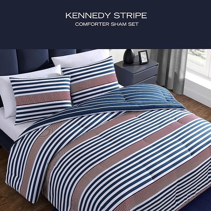 Nautica - Full/Queen Comforter Set, Ultra Soft Bedding with a Woven Textured Feel, Medium Weight for Year Round Comfort, 3 Piece Bed Set with Matching Pillowcases (Kennedy Stripe Navy)